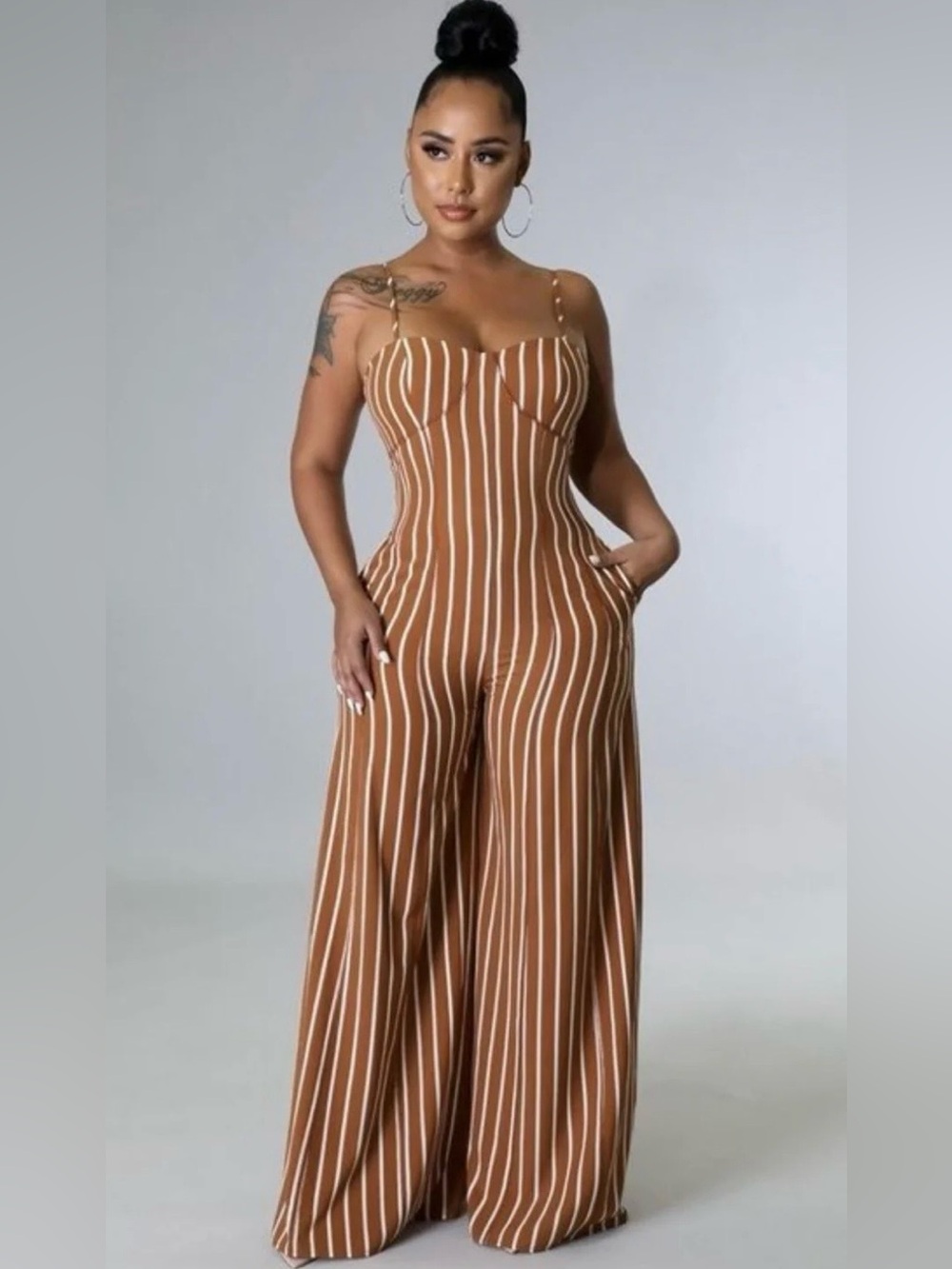 NWOT Striped Brown Wide-Leg Jumpsuit